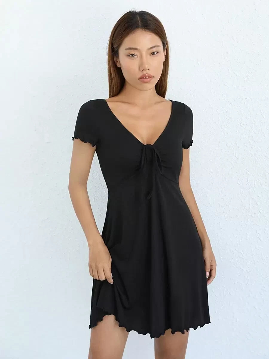 Simple A-Line V-Neck Short Sleeve Tie-Front Black Mini Homecoming Dress