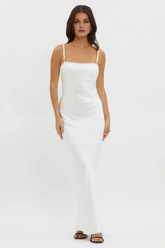 Simple And Elegant Square Neck Pearl Strap Oyster Maxi Evening Dress