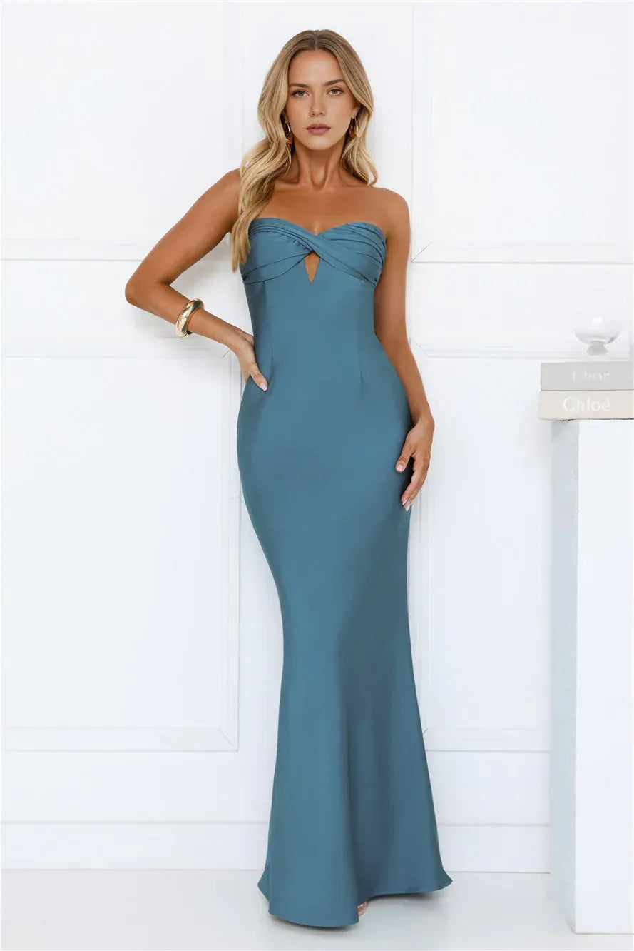 Simple Elegant Mermaid Strapless Knot Keyhole Satin Teal Blue Floor-Length Prom Dress