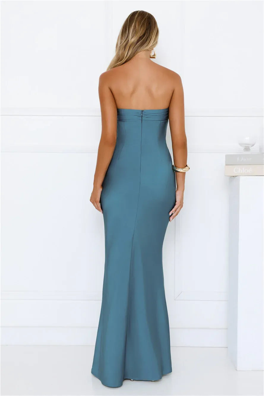 Simple Elegant Mermaid Strapless Knot Keyhole Satin Teal Blue Floor-Length Prom Dress
