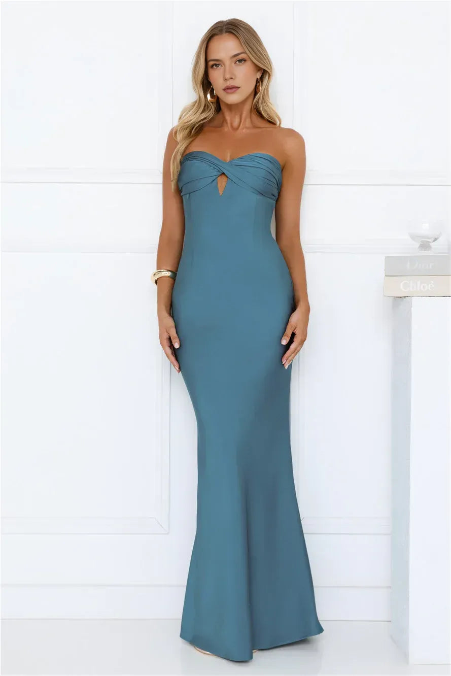 Simple Elegant Mermaid Strapless Knot Keyhole Satin Teal Blue Floor-Length Prom Dress
