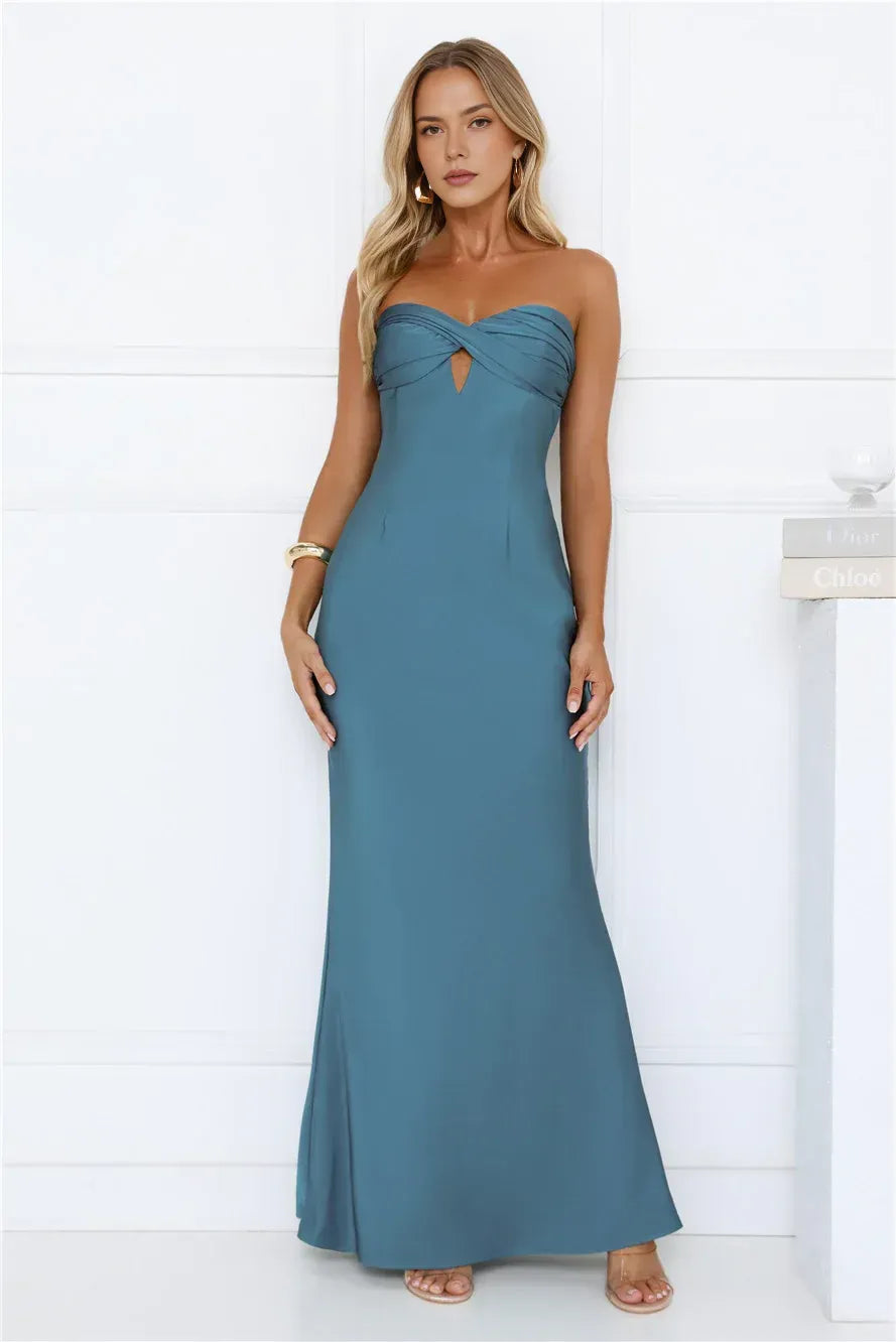 Simple Elegant Mermaid Strapless Knot Keyhole Satin Teal Blue Floor-Length Prom Dress