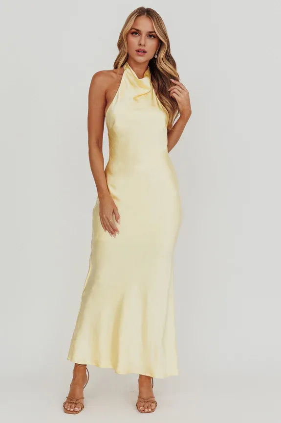 Simple Halter Neck Open Back Soft Satin Blue Maxi Homecoming Dress Prom Dress