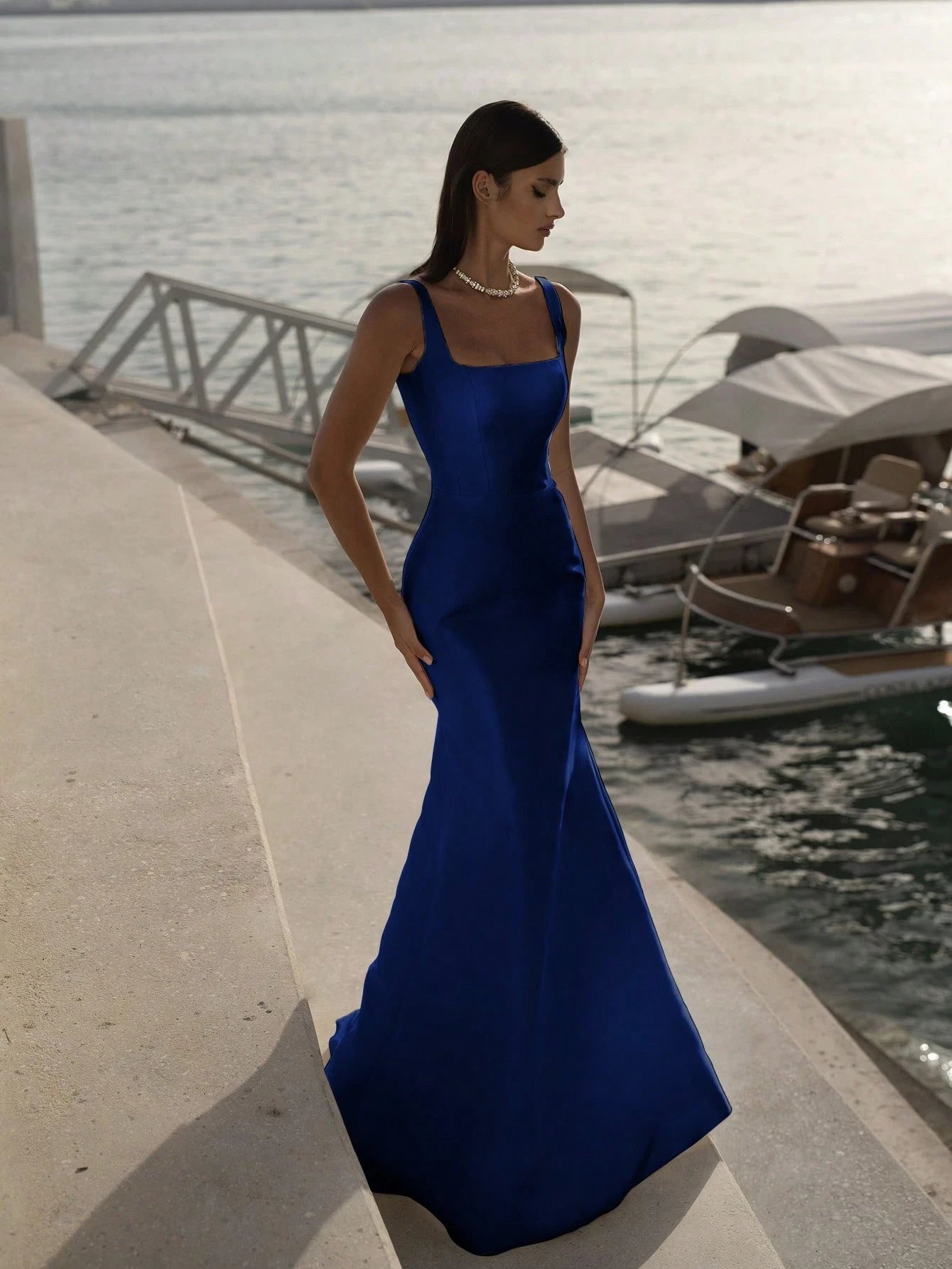 Simple Mermaid Square Neck Backless Fitted Royal Blue Floor-Length Prom Dress