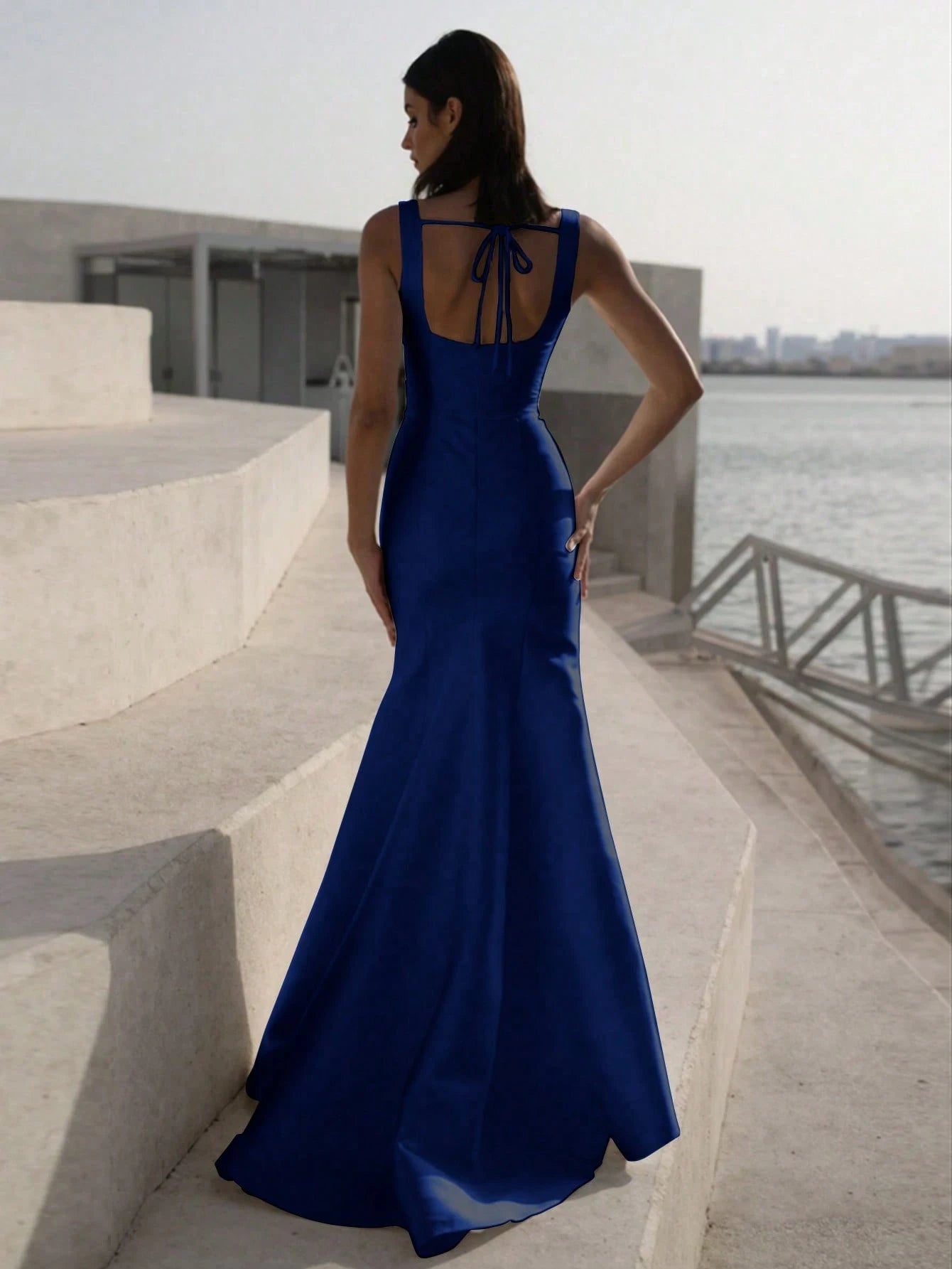 Simple Mermaid Square Neck Backless Fitted Royal Blue Floor-Length Prom Dress