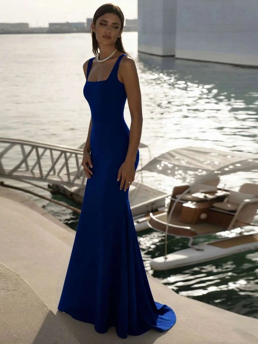 Simple Mermaid Square Neck Backless Fitted Royal Blue Floor-Length Prom Dress