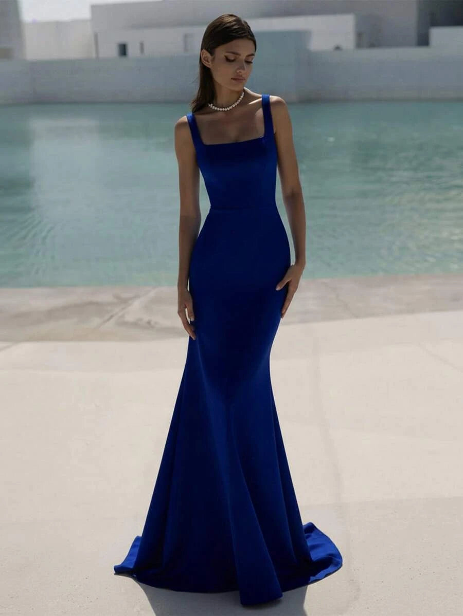 Simple Mermaid Square Neck Backless Fitted Royal Blue Floor-Length Prom Dress