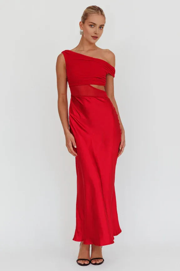 Simple Off-Shoulder Cutout Mesh Bodice Satin Chocolate Maxi Prom Dress