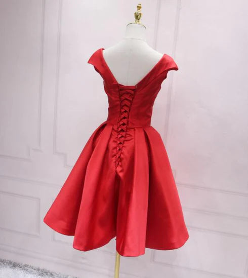 Simple Red Satin Beaded Waist Short Homecoming Dress Prom Dress