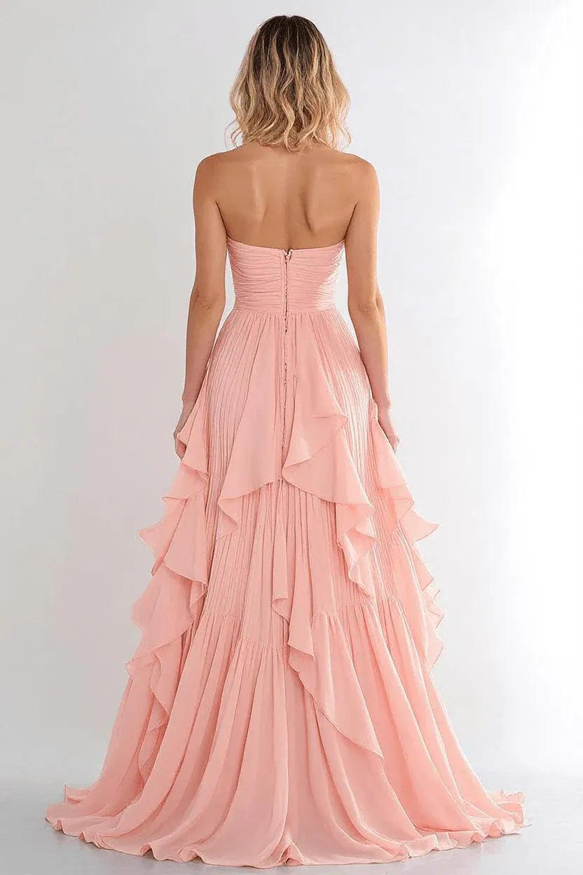 Romantic A-Line Strapless Ruffle Chiffon Blush Floor Length Prom Dress With Slit