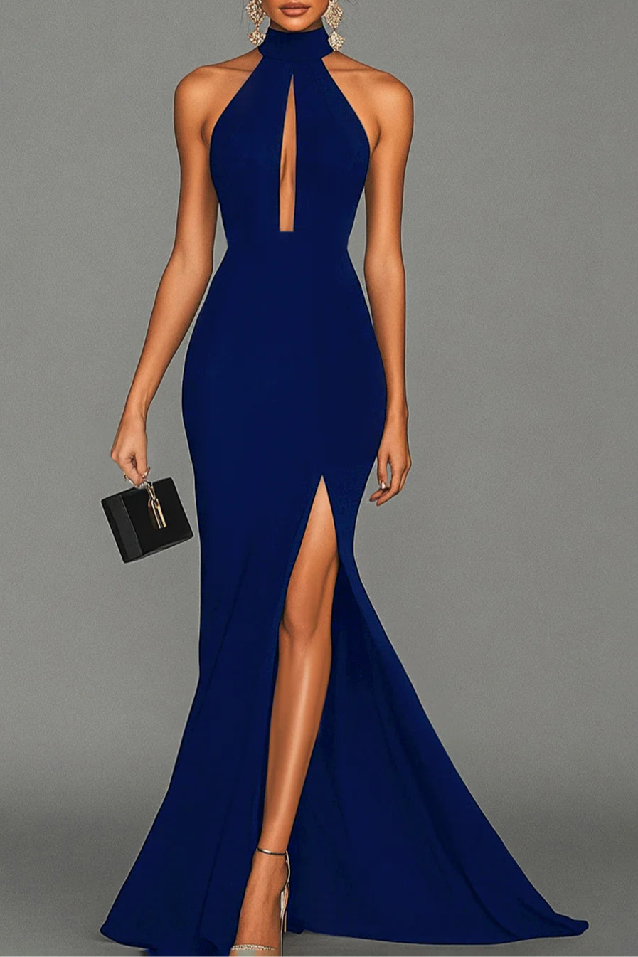 Simplicity Black Satin Halter Neck Mermaid Cut Out Formal Dress Bridesmaid Dresses With Slit