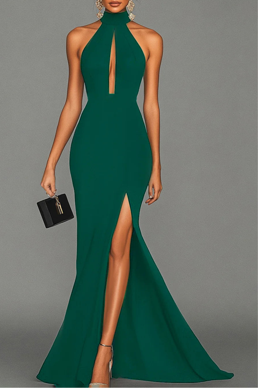 Simplicity Black Satin Halter Neck Mermaid Cut Out Formal Dress Bridesmaid Dresses With Slit