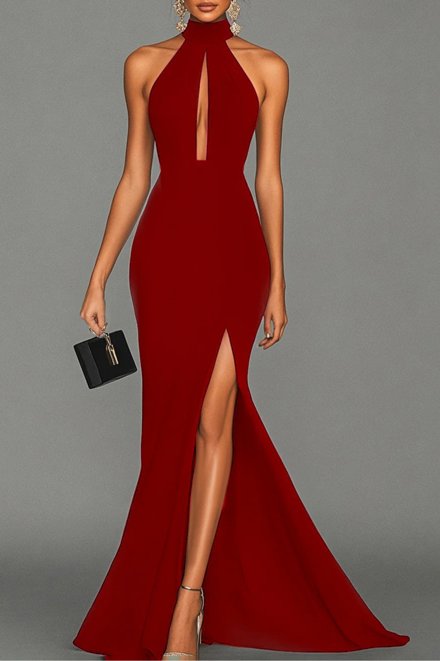 Simplicity Black Satin Halter Neck Mermaid Cut Out Formal Dress Bridesmaid Dresses With Slit