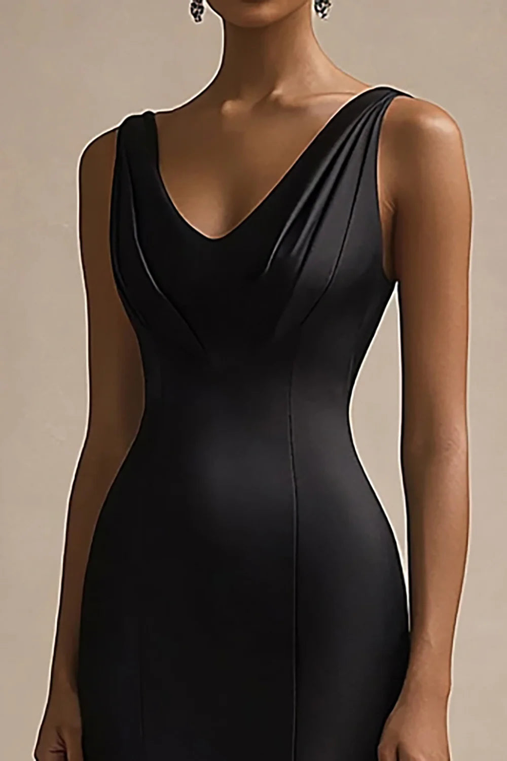 Simplicity Black Satin V Neck Mermaid Full Length Evening Dress Simplicity Black Satin Prom Dress