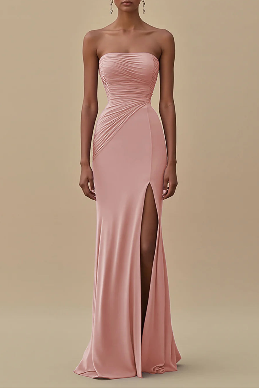 Simplicity Black Strapless Ruched Floor Length Long Evening Dress Formal Dress With Slit