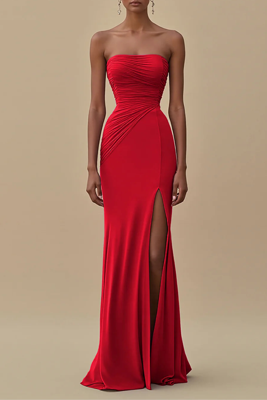 Simplicity Black Strapless Ruched Floor Length Long Evening Dress Formal Dress With Slit