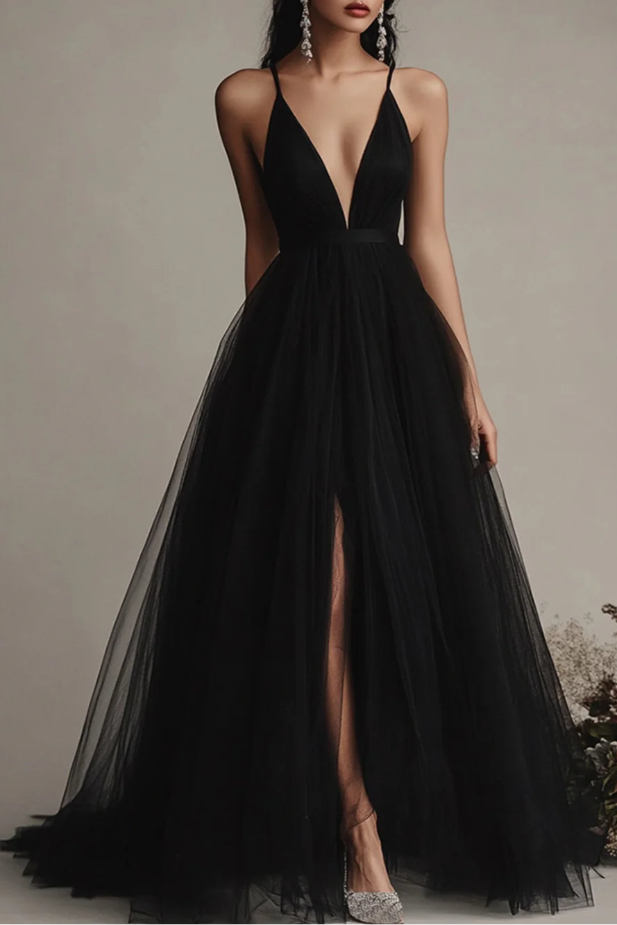 Simplicity Black Tulle Deep V Neck Spaghetti Straps A Line Long Evening Dress With Slit