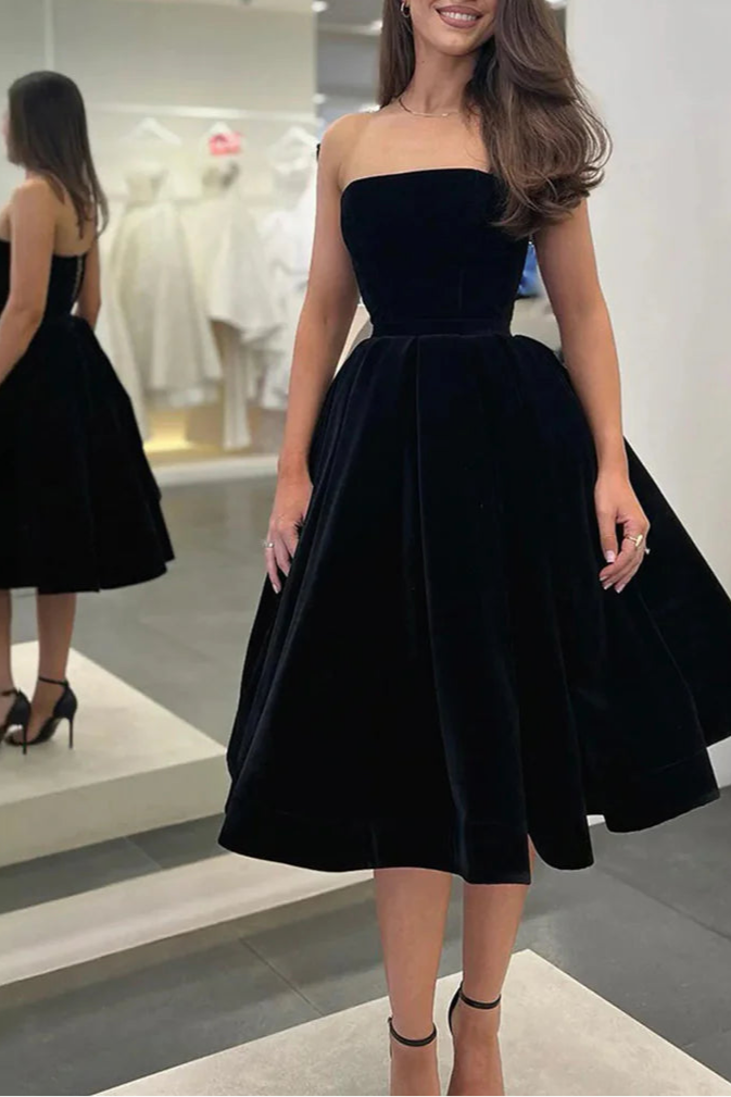 Simplicity Black Velvet Strapless Knee length Homecoming Dress A-Line Evening Party Dress