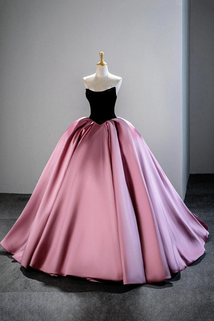 Simplicity Black Velvet and Pink Satin Strapless A-Line Long Prom Dress Evening Party Dress