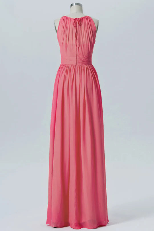 Simplicity Coral Pink Chiffon Halter Sleeveless Hidden zipper back Full Length Bridesmaid Dress