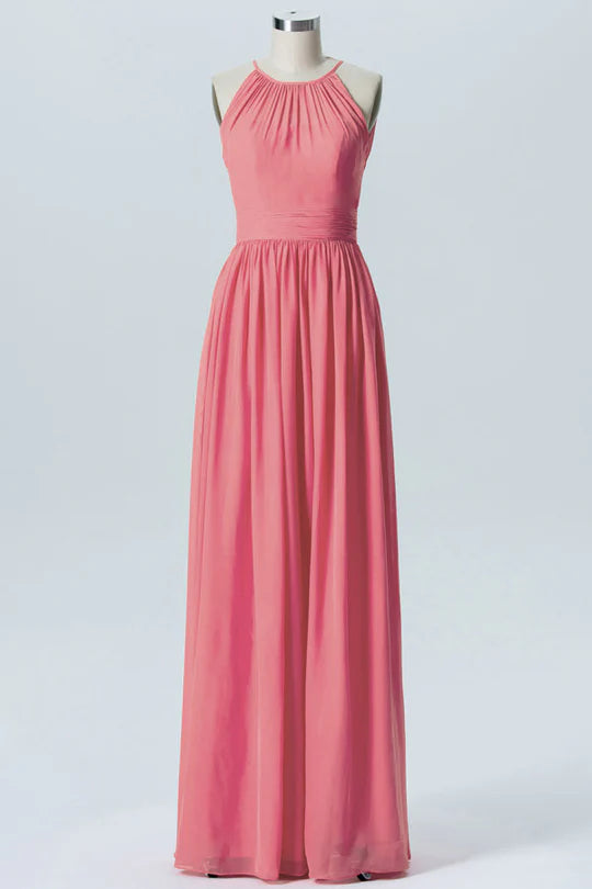 Simplicity Coral Pink Chiffon Halter Sleeveless Hidden zipper back Full Length Bridesmaid Dress