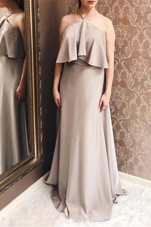 Simplicity Gray Chiffon Halter Ruffle Full Length Bridesmaid Dress Mother of the Bride Dress