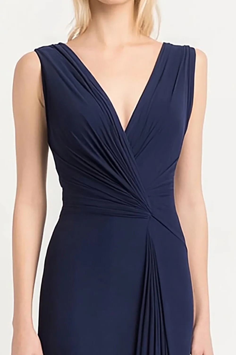 Simplicity Navy V Neck Sheath Ruched Full Length Evening Dress Navy Prom Dress