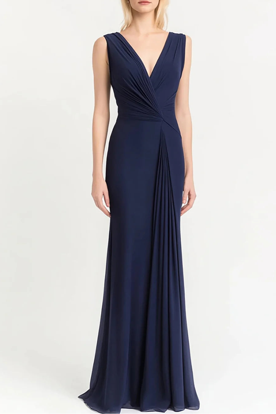 Simplicity Navy V Neck Sheath Ruched Full Length Evening Dress Navy Prom Dress