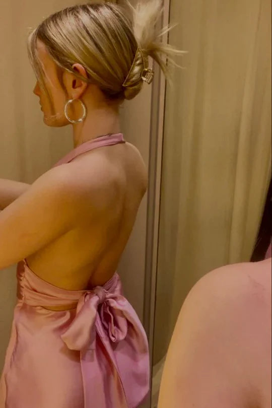 Simplicity Pink Satin Halter V-Neck Open Back A-Line Empire-Waist Mini Homecoming Dress