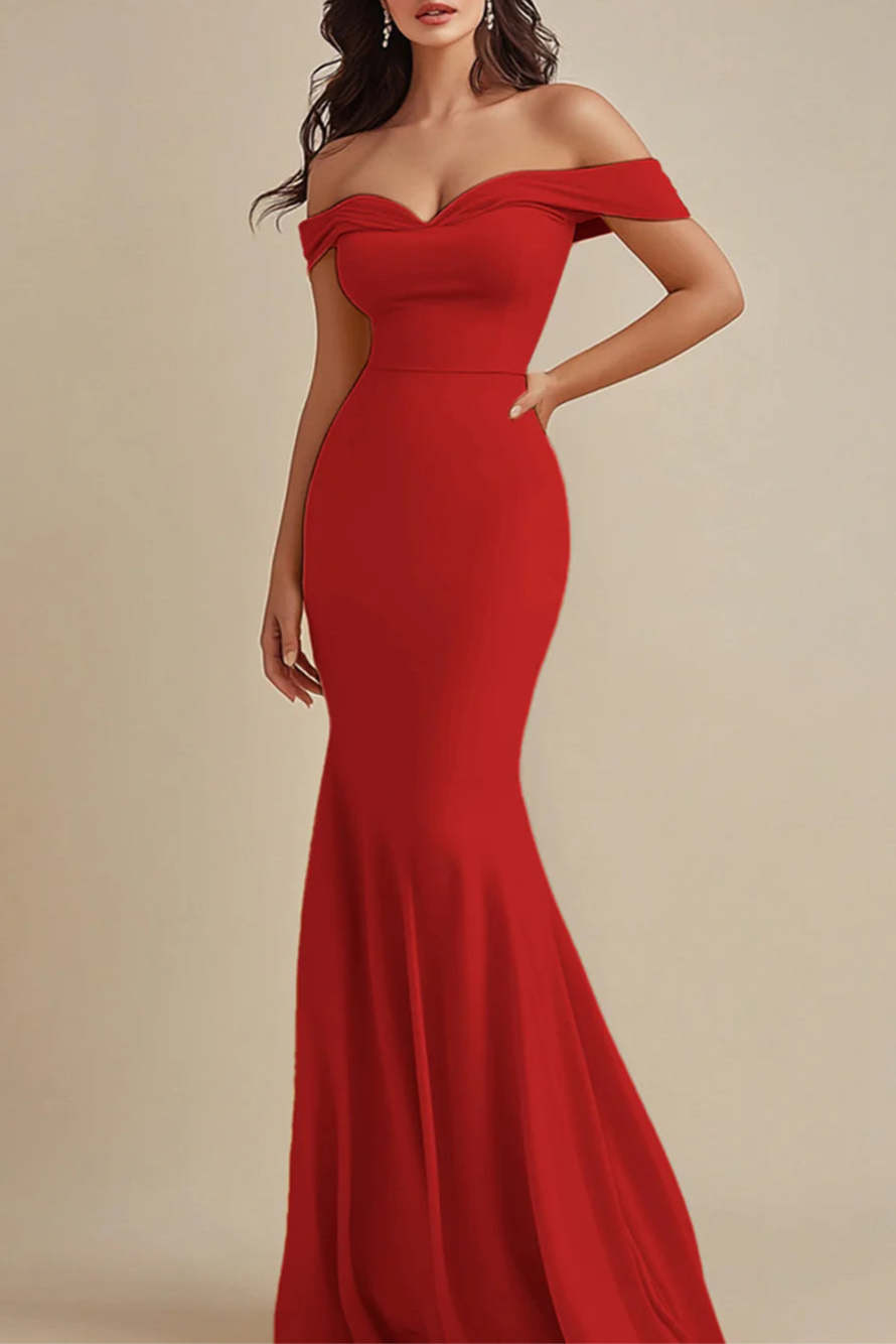 Simplicity Red Chiffon Sweetheart Collar Off the Shoulder Mermaid Floor Length Evening Dress