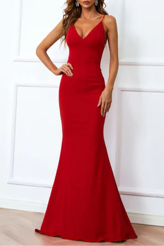 Simplicity Red V-Neck Spaghetti Straps Backless Mermaid Floor Length Long Evening Dress