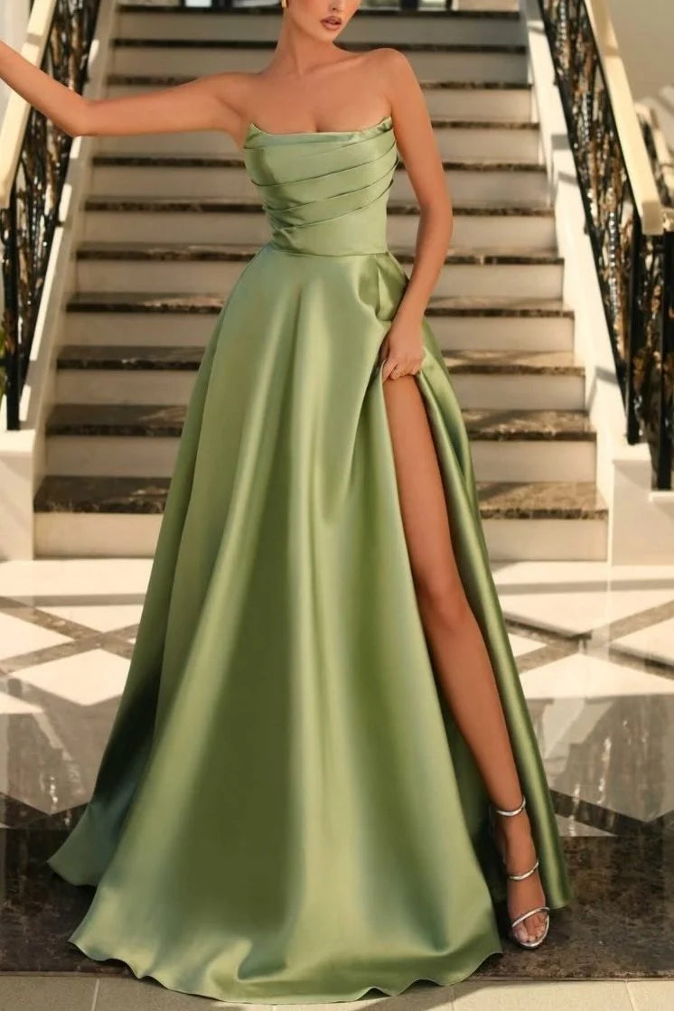 Simplicity Sage Satin Pleated Strapless A-Line Scoop Empire-Waist High Slit Formal Prom Dress