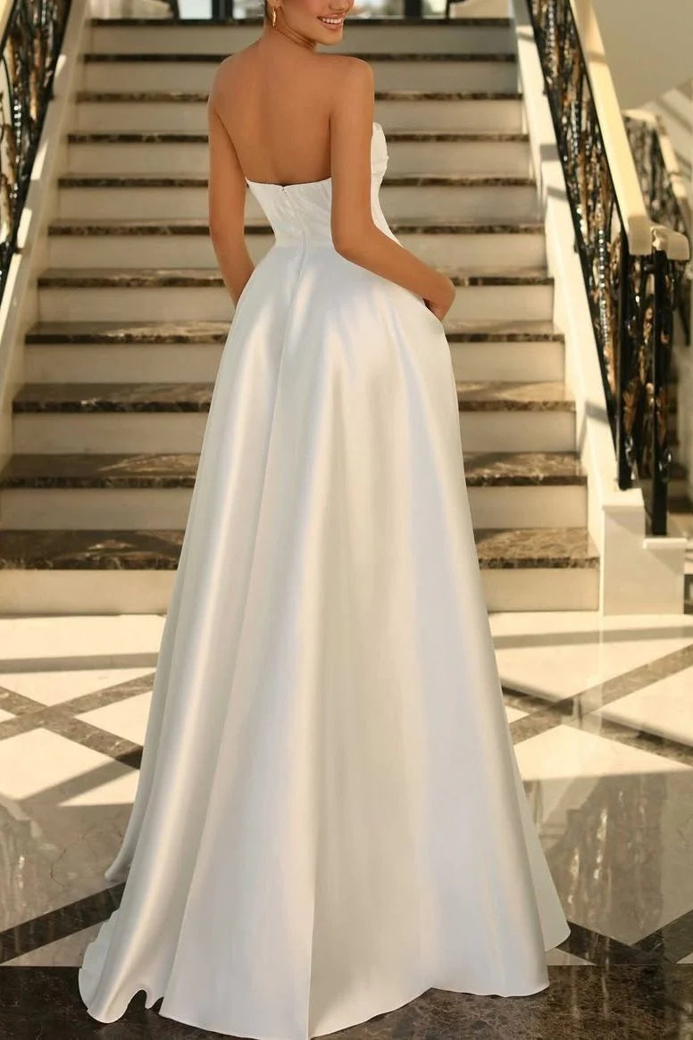 Simplicity White Satin Pleated Strapless A-Line Scoop Empire-Waist High Slit Formal Prom Dress