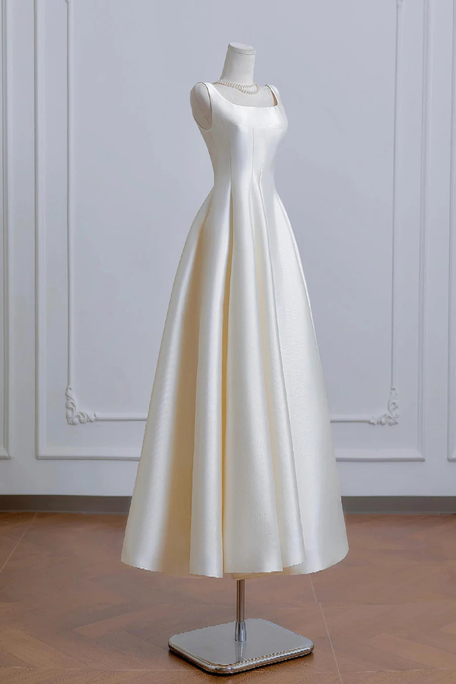 Simplicity White Satin Square Neck Tea Length Prom Dress A-Line Evening Dress White Party Dress