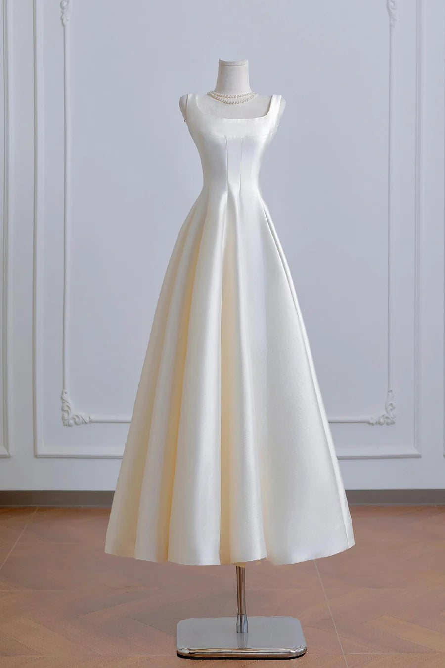 Simplicity White Satin Square Neck Tea Length Prom Dress A-Line Evening Dress White Party Dress