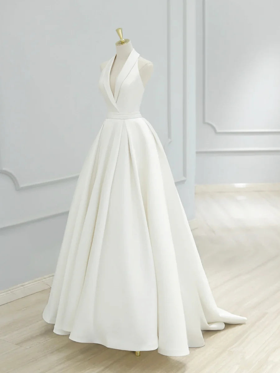 Simplicity White Satin V-Neck A-Line Long Prom Dress Formal Dress Wedding Dress