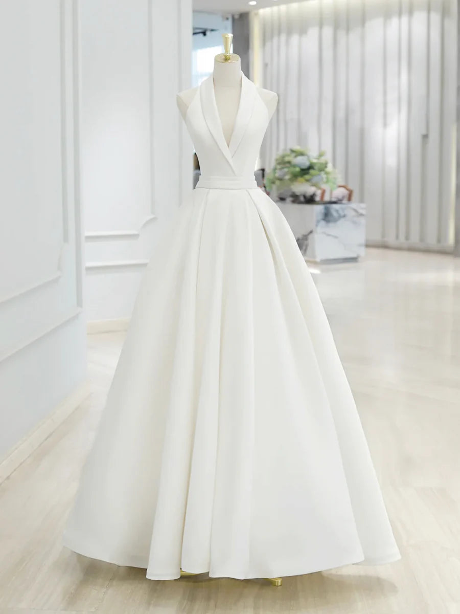 Simplicity White Satin V-Neck A-Line Long Prom Dress Formal Dress Wedding Dress