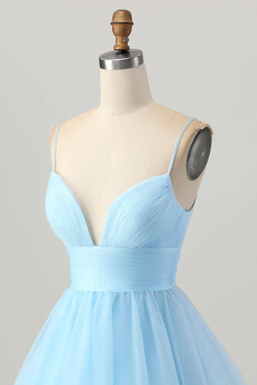 Sky Blue Tulle A Line V Neck Spaghetti Straps High Waist Short Homecoming Dress