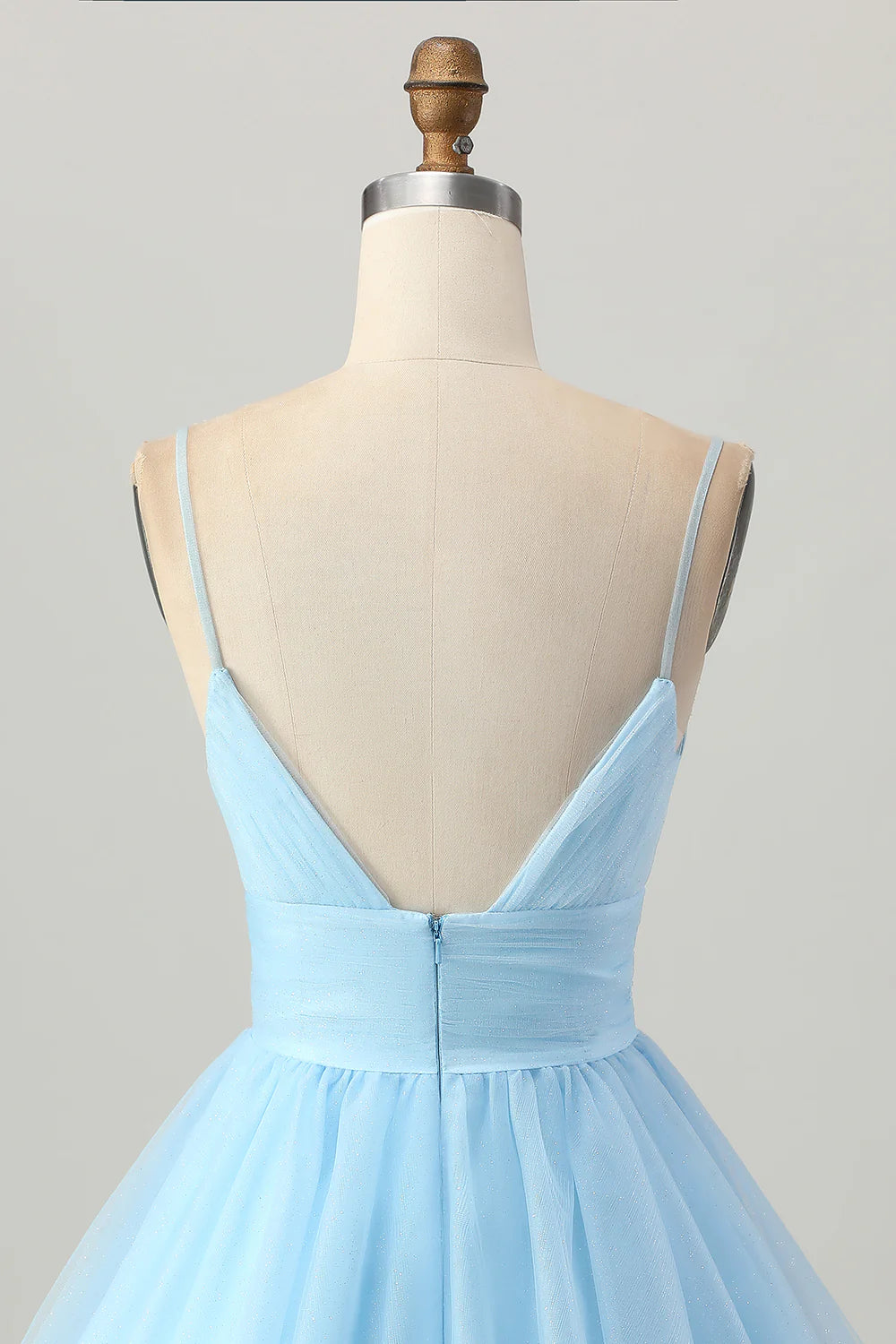 Sky Blue Tulle A Line V Neck Spaghetti Straps High Waist Short Homecoming Dress