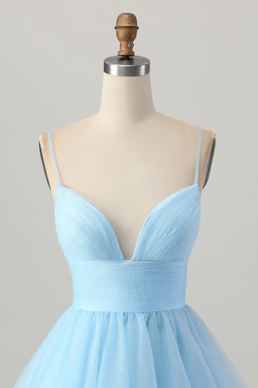Sky Blue Tulle A Line V Neck Spaghetti Straps High Waist Short Homecoming Dress