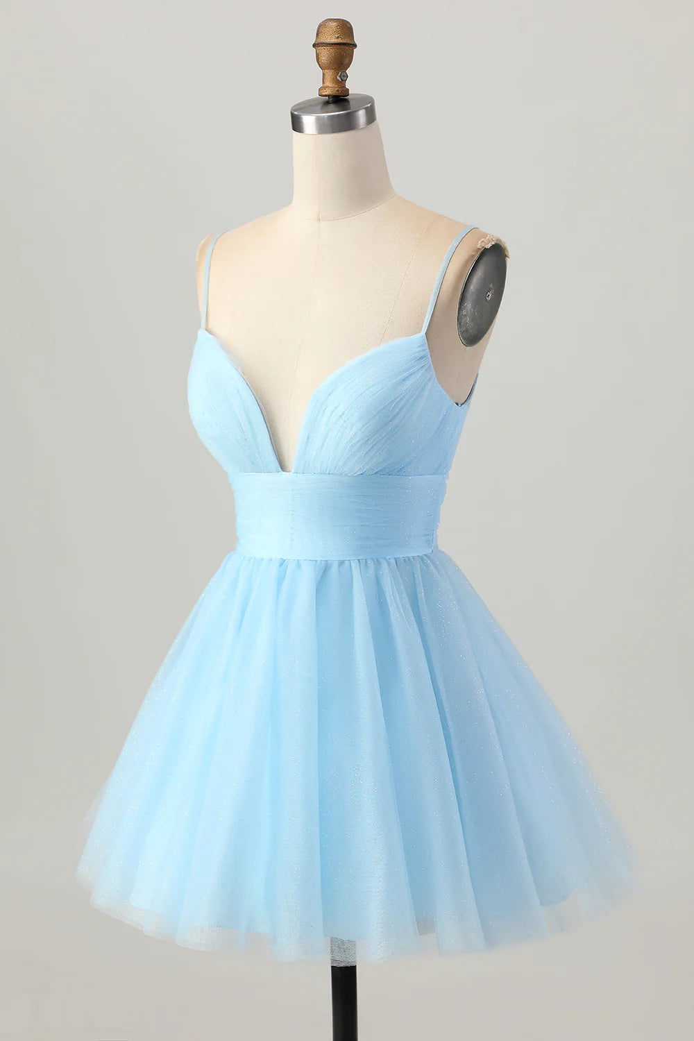 Sky Blue Tulle A Line V Neck Spaghetti Straps High Waist Short Homecoming Dress