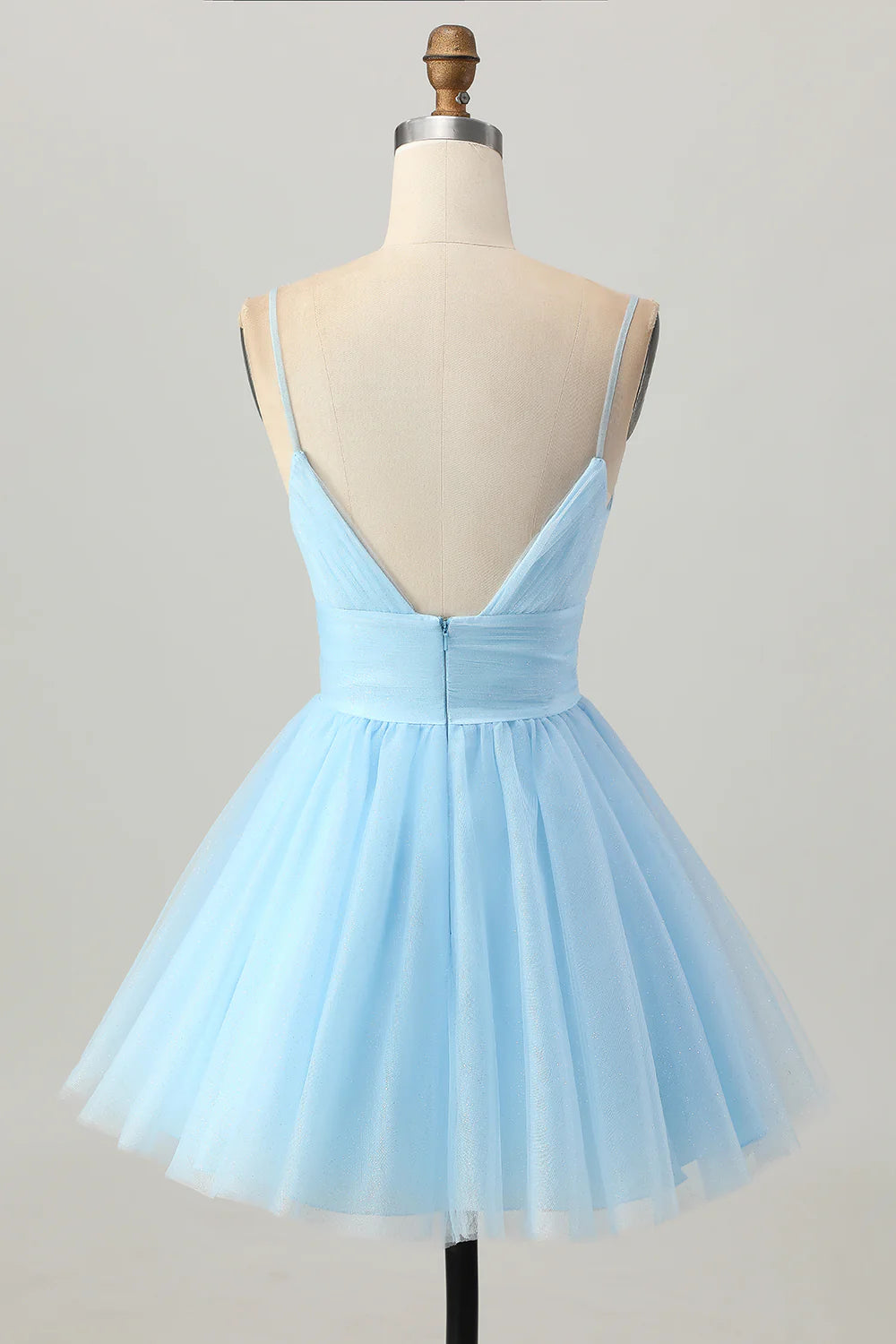 Sky Blue Tulle A Line V Neck Spaghetti Straps High Waist Short Homecoming Dress