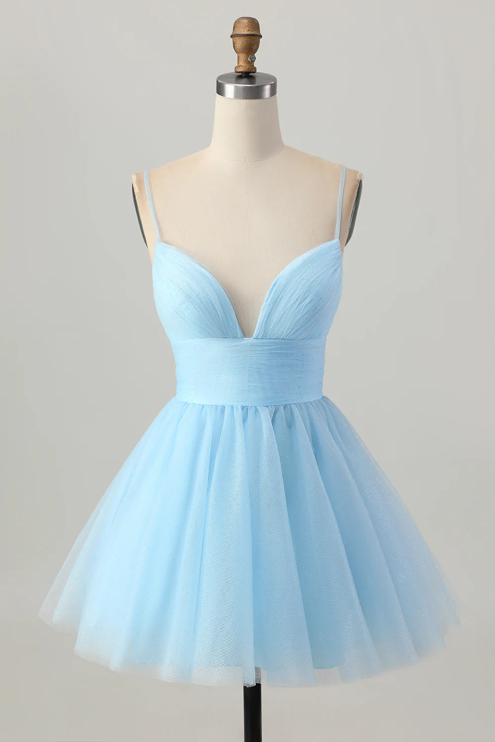 Sky Blue Tulle A Line V Neck Spaghetti Straps High Waist Short Homecoming Dress