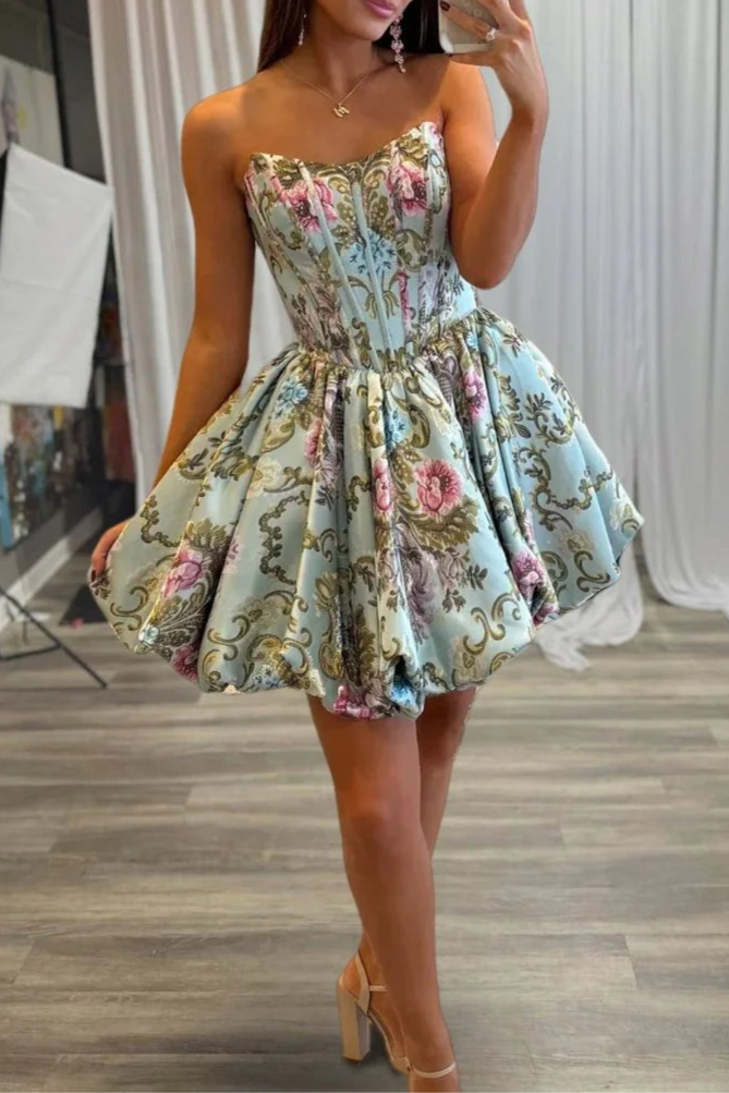 Sky Blue Brocade Strapless Corset Floral A Line Short Homecoming Dress With Bubble Hem