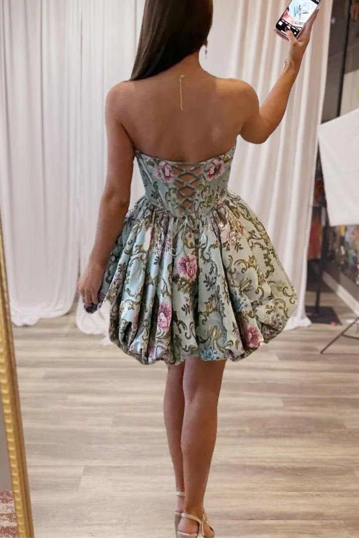 Sky Blue Brocade Strapless Corset Floral A Line Short Homecoming Dress With Bubble Hem