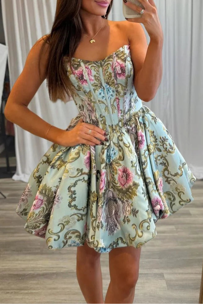 Sky Blue Brocade Strapless Corset Floral A Line Short Homecoming Dress With Bubble Hem