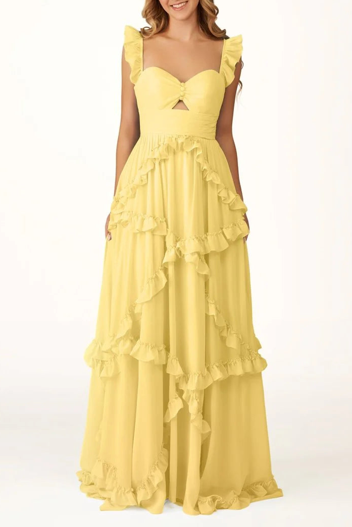 Sky Blue Chiffon Cut Out A-Line Straps Ruffles Long Sweep Train Prom Dress Discount Long Party Dresses