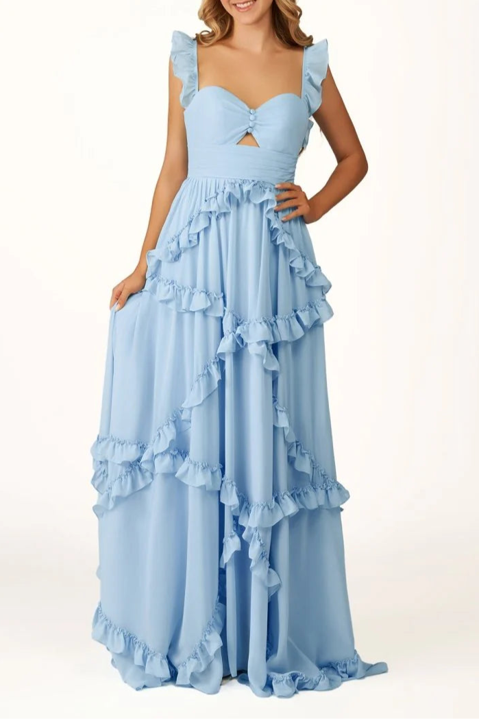 Sky Blue Chiffon Cut Out A-Line Straps Ruffles Long Sweep Train Prom Dress Discount Long Party Dresses