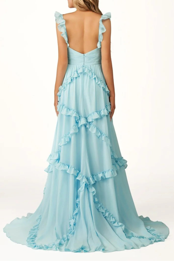 Sky Blue Chiffon Cut Out A-Line Straps Ruffles Long Sweep Train Prom Dress Discount Long Party Dresses