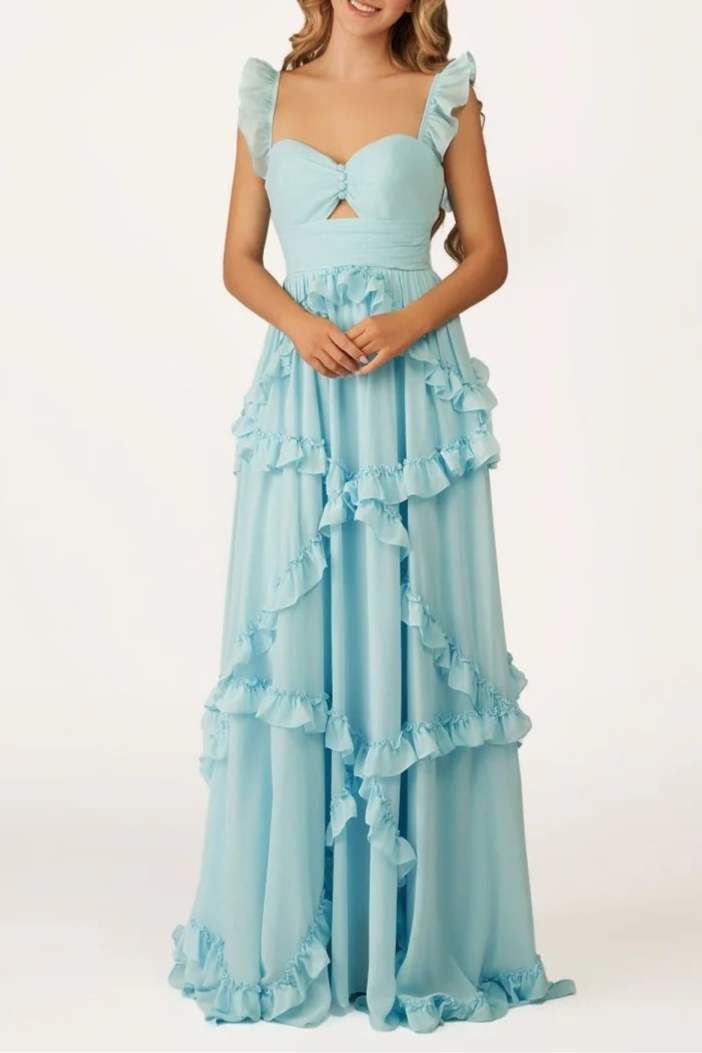 Sky Blue Chiffon Cut Out A-Line Straps Ruffles Long Sweep Train Prom Dress Discount Long Party Dresses